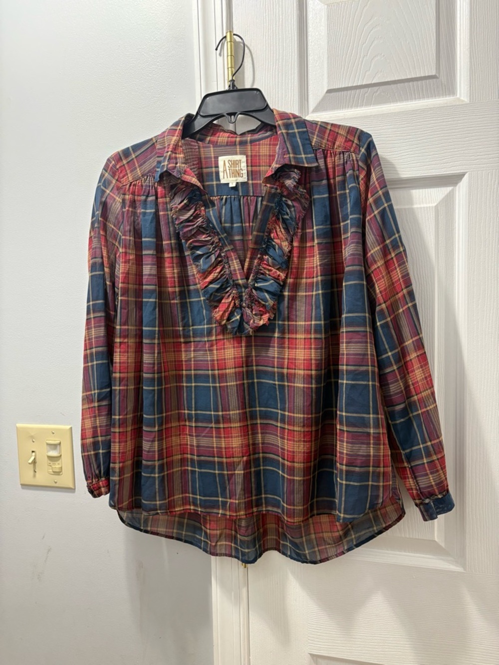 A Shirt Thing Plaid Ruffle V-Neck Long Sleeve Cotton Top Size Small